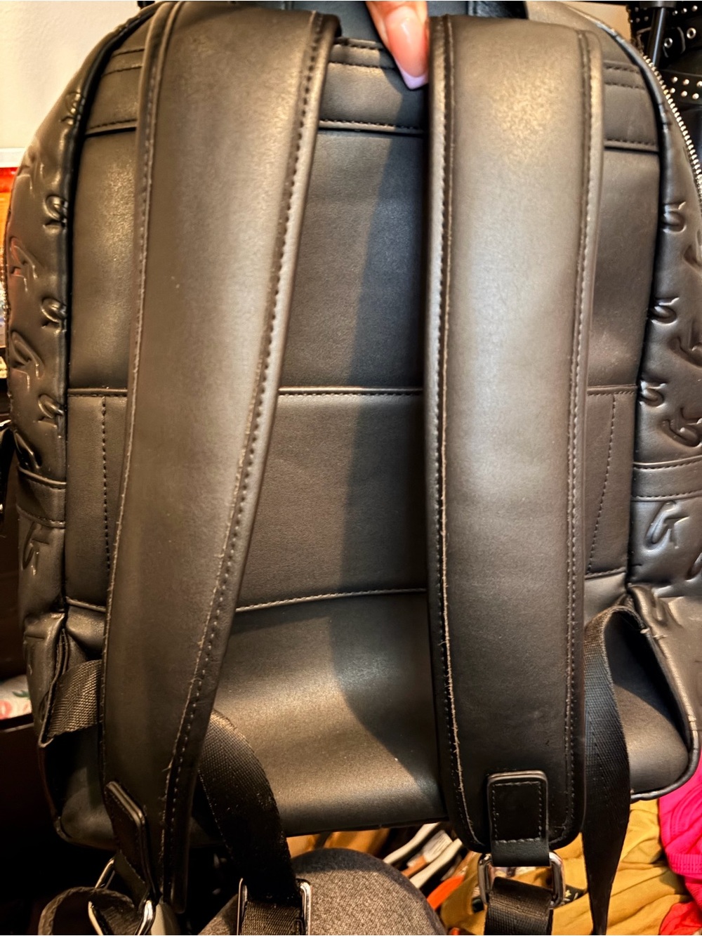 Women's Glam-Aholic Black Faux Leather Backpack - Structured Everyday Pack